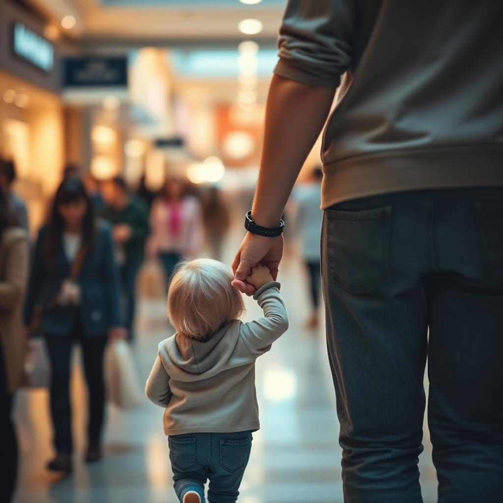 Genitore tiene per mano un bambino in mezzo alla folla