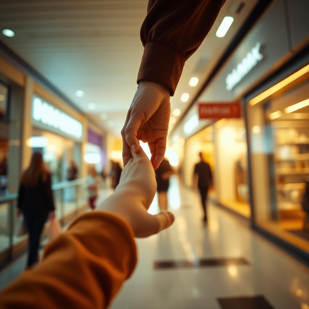 Mano di bambina nella mano di un adulto in un centro commerciale